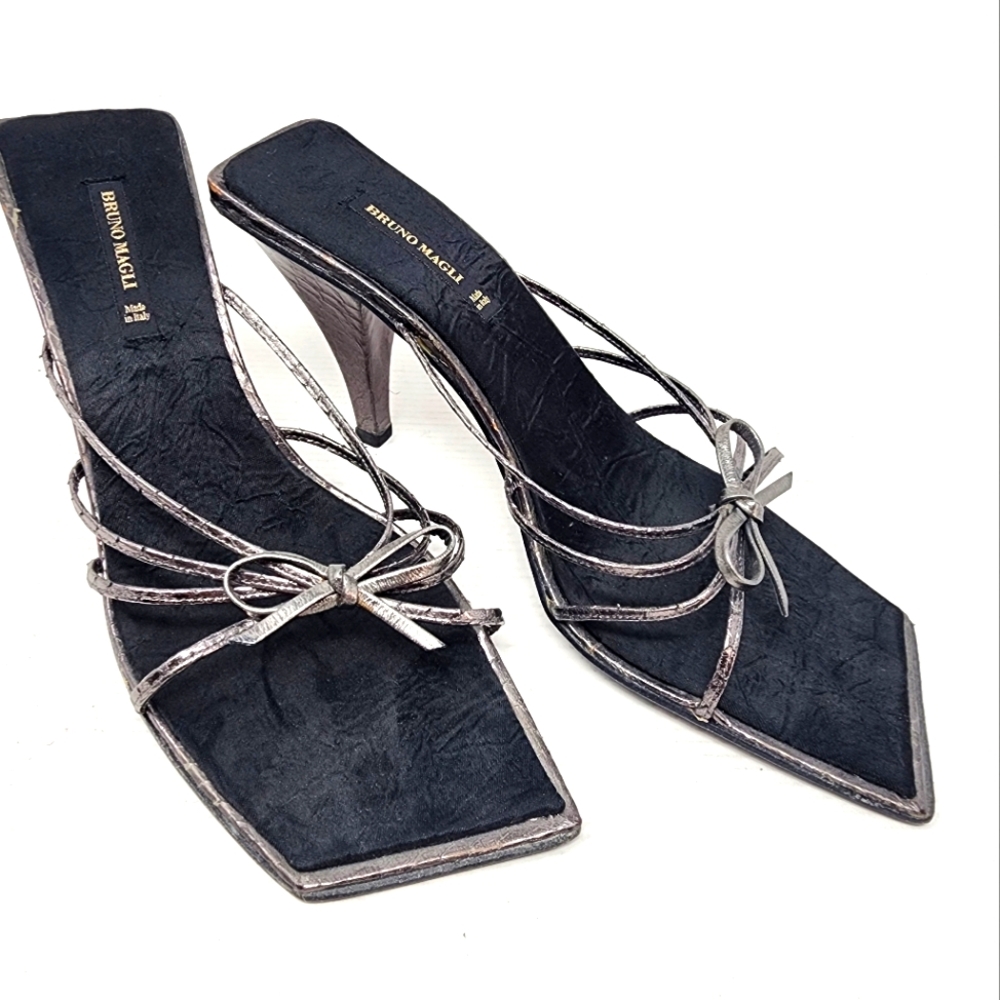 Bruno Magli Couture Metallic Leather Strappy‎ Heels Vintage Y2k Mules Size 8.5